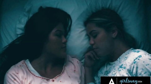 Alina Lopez and Kendra Spade as nuns in intimate bedroom gaze