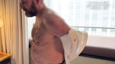 Hairy bearded bear xRustyTaylorx shirtless in underwear by hotel window