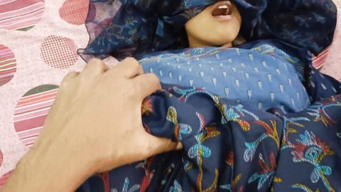 Blindfolded Indian housewife mouth agape as rough hand gropes and pulls blouse over small tits