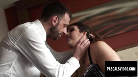 Pascal White kissing brunette in black lingerie passionately