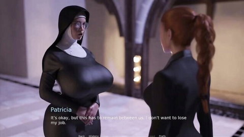 3D hentai nun with huge breasts in tight habit talks to redhead in suit, Clara Mann