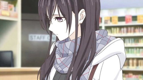 Anime girl from Citrus yuri series, long dark hair, hoodie and scarf, cute lesbian tease