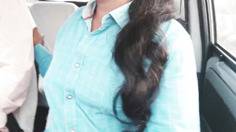 Telugu woman in car with stepdad, teasing in blue plaid shirt