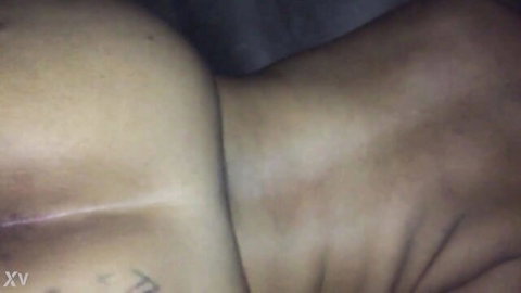 Close-up of black woman's neck with scar and tattoos, teasing large ass BBC doggy style