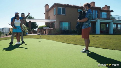 Latina babes in short skirts learn golf from stud on sunny green