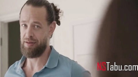 Bearded DILF stepdad with man bun talks to stepdaughter from behind in taboo scene