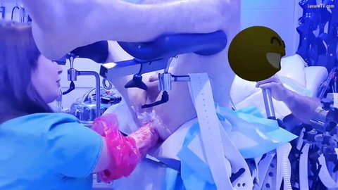 Naughty nurse in gloves examines exposed butt in medical fetish scene