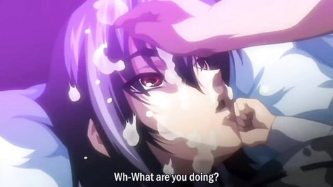 Hentai anime girl with purple hair surprised by cum facial in prison gangbang