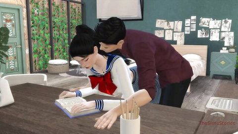 Japanese teacher seduces innocent schoolgirl student at desk in sailor uniform