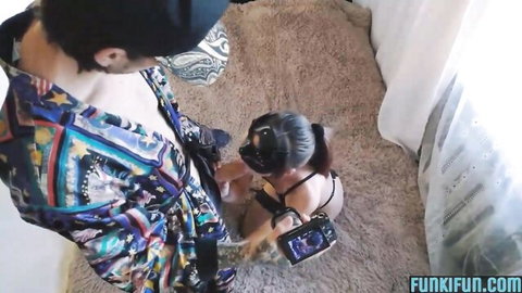 Hot 18yo Asian stepsister in black lingerie blindfolded and seduced by stepbro