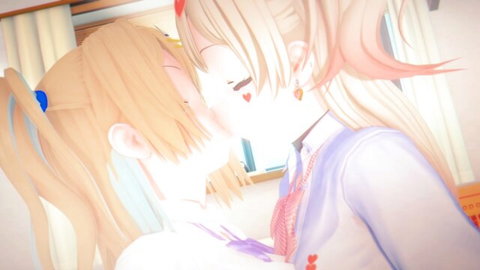 Shirakawa Runa and Kedarui Aashii anime girls kissing passionately in school uniforms