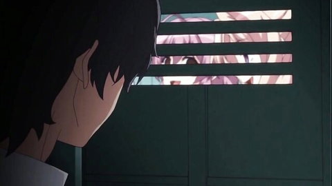 Anime guy peeking through blinds at frozen nude hentai girls in time stop scene