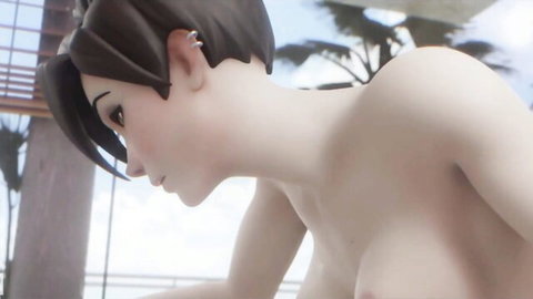 3D animated punk girl with large breasts, nude profile pose outdoors