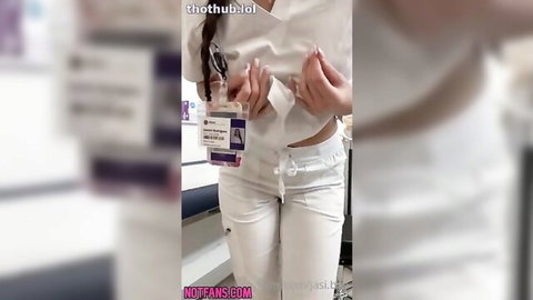 Jasi Bae in sexy nurse uniform, teasing with exposed cleavage and curves