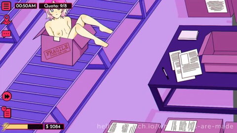 Nude pink-haired anime girl sitting exposed in fragile box on conveyor belt