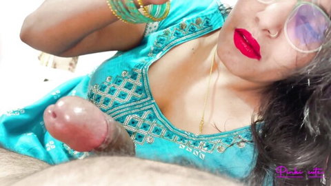 Desi stepmom Pinki handjob on stepson cock, seductive closeup in salwar