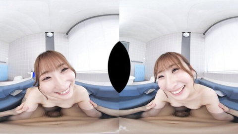 Smiling Asian woman nude in bathtub, VR close-up of exposed body and fox eyes