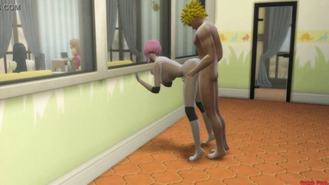 Blonde spiky-haired anime stud fucks pink-haired nude girl doggy style from behind