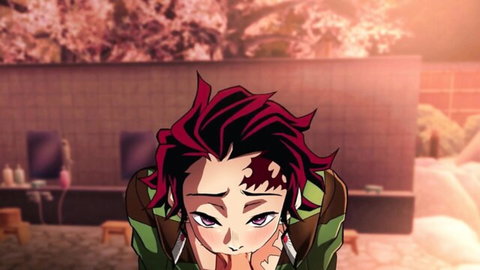 Blushing Tanjiro Kamado in NSFW yaoi parody from Demon Slayer anime