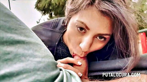 Francesca Palma giving blowjob in leather jacket outdoors, close-up oral sex