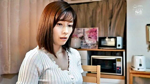 Japanese woman Okuda Saki in white blouse, seductive gaze in JAV married scene