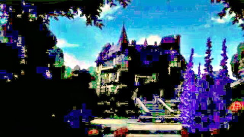 Vibrant pixelated gothic castle surrounded by purple flowers and trees under blue sky