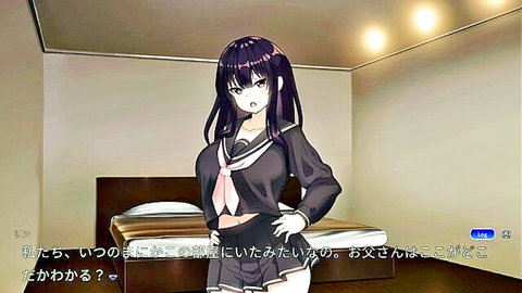 Busty purple-haired anime schoolgirl in tight black sailor uniform posing seductively with hands on hips