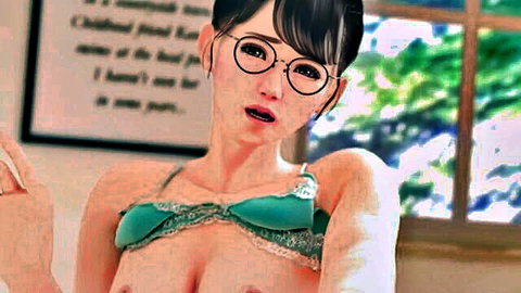 Hentai anime girl with glasses big tits nipples out of green lace bra ahegao face