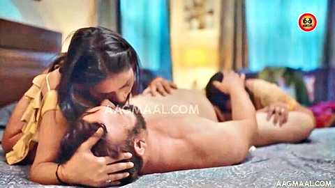 Indian mature aunty in passionate threesome kiss on bed