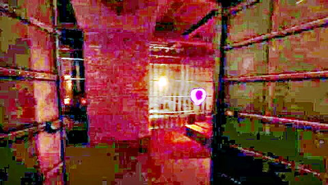 Dimly lit red brick corridor with pink balloon in mysterious adult setting