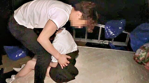 Amateur guy grabs exposed Asian woman's bare ass in doggy style on messy bed