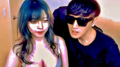 Korean amateur beauty with blue hair in low-cut top and boyfriend