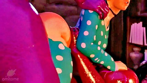Animated curvy woman in green polka dot dress bent over from behind