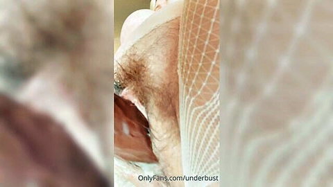 Penny Underbust in fishnet stockings gets oral sex from bearded man