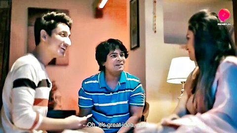 Young Indian woman in light top chats with two casual guys, threesome tease