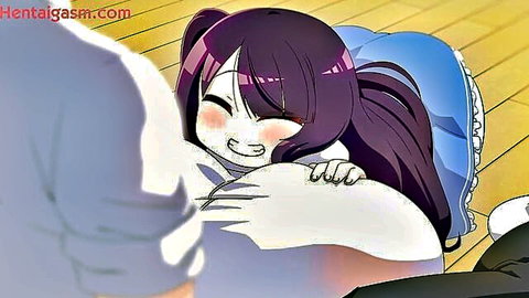 Purple-haired anime girl with huge breasts hugged from behind in hentai scene