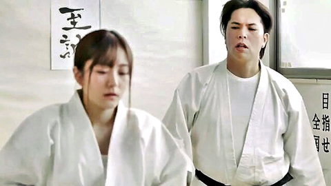 Hikari Aozora in white judo gi sitting with male in dojo, JAV thumbnail