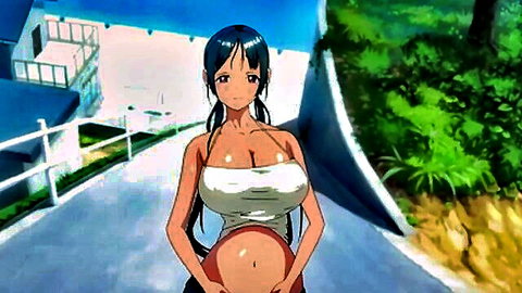 Pregnant blue-haired JAV anime girl with huge tits in tight top outdoors