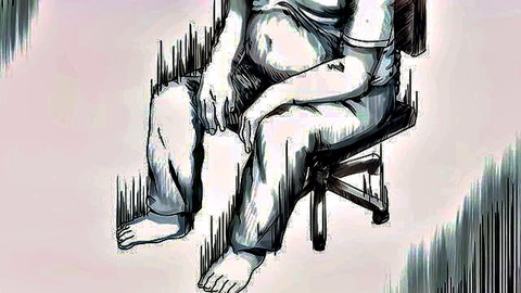 Anime sketch of seated middle-aged man in shirt and pants, barefoot