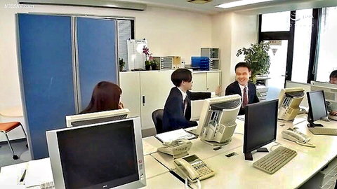 Japanese office scene with red-haired woman in blouse and suited men at desks