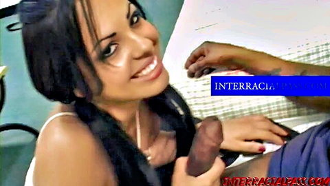 Victoria Sweet smiling while holding thick BBC in interracial teen scene