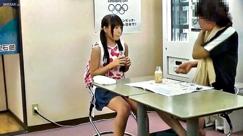Cute Japanese schoolgirl in uniform chats with mature woman