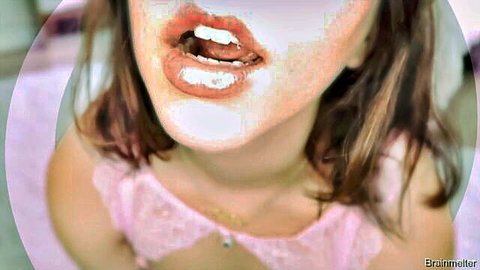 Brunette with cum on lips and tongue, open mouth close-up in pink lingerie