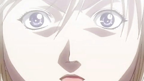 Intense close-up of anime girl with purple eyes and brown hair, passionate expression