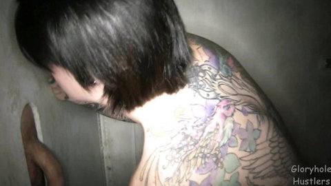 Kathryn's first glory hole visit, tattooed Asian girl sucking cock