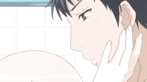 Hentai thumbnail: flustered black-haired teacher touching cheek near student's bare skin in Fuzzy Lips 2