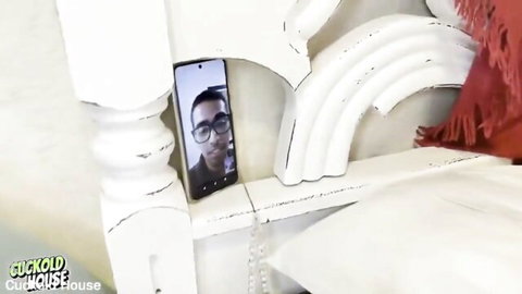 BBW cuckold video call on bed, husband watches hotwife action