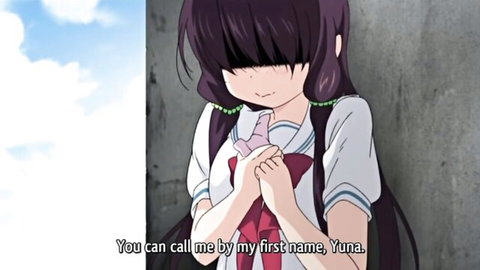 Purple-haired hentai schoolgirl Yuna smiling with censored eyes holding cloth in uniform