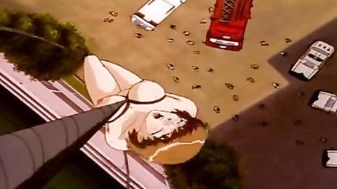 Professor Pain hentai: bound blonde anime girl in ropes above emergency vehicles