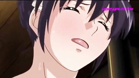 Busty purple-haired hentai maid with ahegao expression preparing for bath